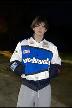 Graphic Racing Varsity Jacket with Embroidered Patches