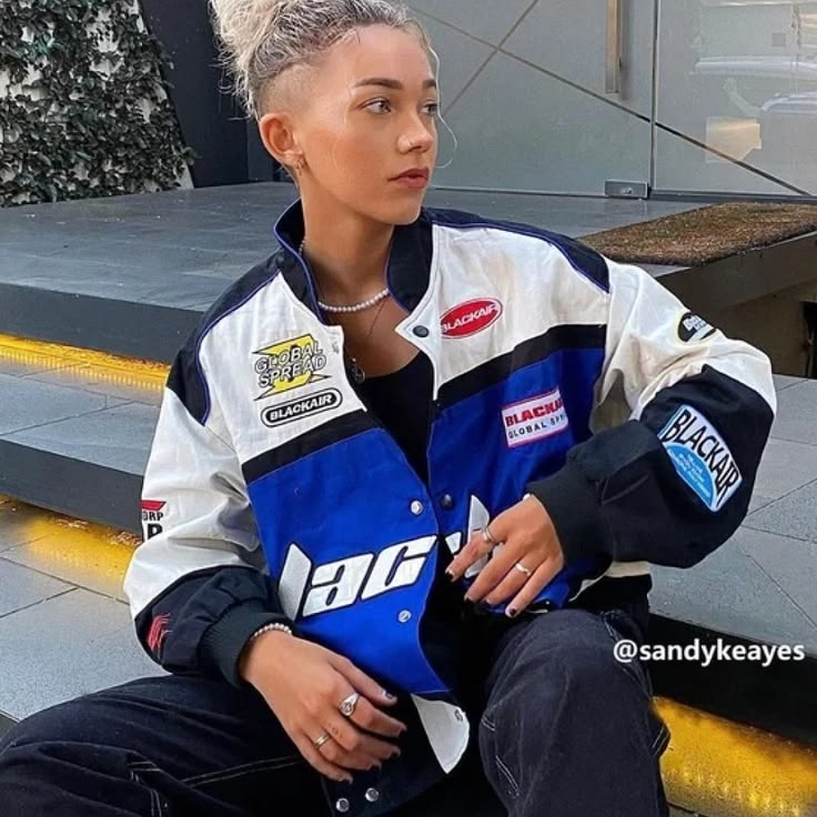 Graphic Racing Varsity Jacket with Embroidered Patches