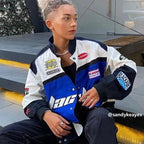 Graphic Racing Varsity Jacket with Embroidered Patches